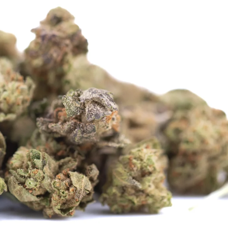 Jokerz NOS THCa hemp flower greenhouse smalls with frosty trichomes and purple green buds